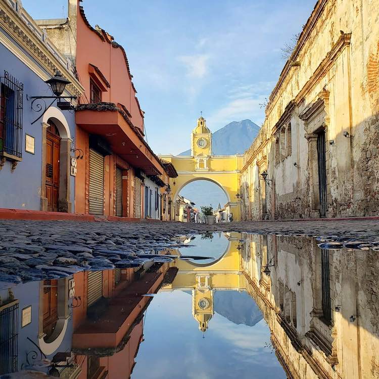 Antigua Guatemala reflective street scene